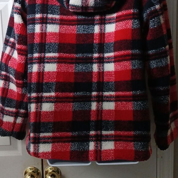 Steve Madden Red Navy Plaid Fleece Faux Fur Sherpa Lined Hooded Coat Sz S NWOT - Picture 6 of 10
